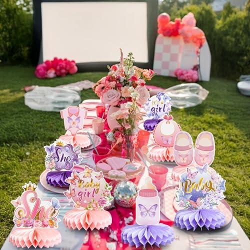 Gyufise 9Pcs Butterfly Baby Shower Decorations Girl Honeycomb Table Centerpieces It's a Girl Table Toppers for Gender Reveal Birthday Party Decor Pink Purple - Image 7