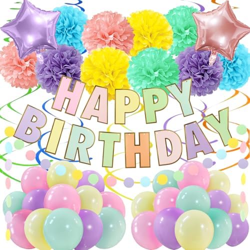 Pastel Birthday Decorations, Multicolored Happy Birthday Banner with Paper Pompoms Party Balloons for Boys Girls Women Party Decorations Supplies by Recosis