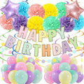Pastel Birthday Decorations, Multicolored Happy Birthday Banner with Paper Pompoms Party Balloons for Boys Girls Women Party Decorations Supplies by Recosis