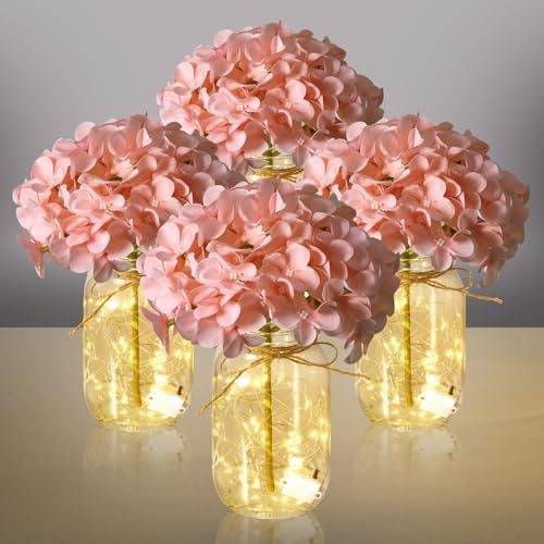 4 Sets Hydrangea Mason Jar Centerpiece with LED Lights for Wedding by Tianxunewtig