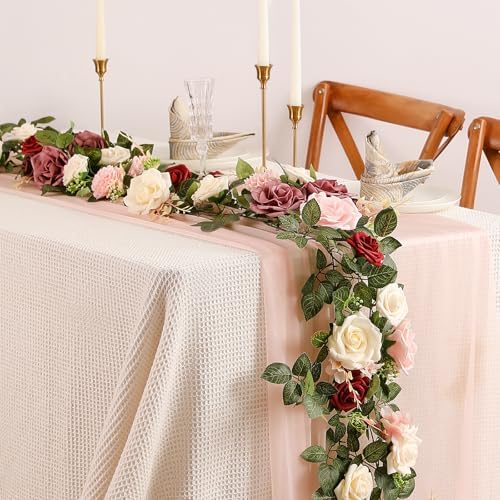 2Pcs Garisey 5FT Dusty Rose Artificial Flower Garland Blush Rose Floral Garland Arch Rose Vine for Wedding Ceremony Party Backdrop Decor Arch Flowers Mantel Table Centerpieces Decorations, Burgundy by Garisey