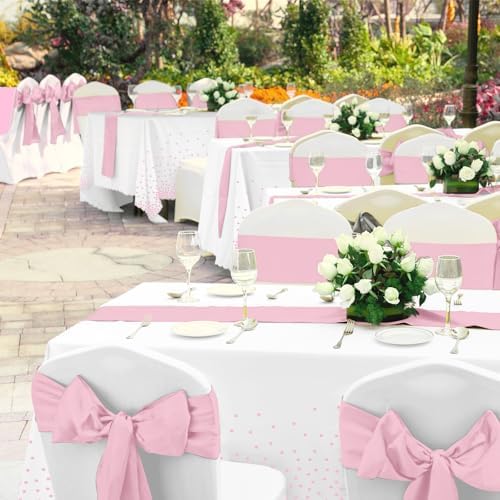 16Pack Disposable Plastic Tablecloths and Satin Table Runner Set White and Pink Dot Table Cloth Gold for Graduation Wedding Engagement Birthday Baby Shower Anniversary Holiday Party Decorations - Image 6