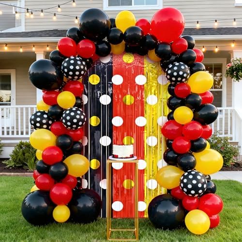 2 Packs Red Black Yellow Foil Fringe Curtain, Mouse Polka Dots Glitter Metallic Tinsel Backdrop for Birthday Baby Shower Cartoon Mouse Party Decorations Supplies - Image 2