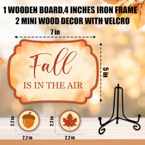Fall Table Sign 5x7 Inch Seasonal Autumn Decor, Rustic Party Centerpiece with Metal Stand & 2 DIY Stickable Wood Decor, Fall Is In The Air Table Decoration for Home & Party Display - B03 - Image 2