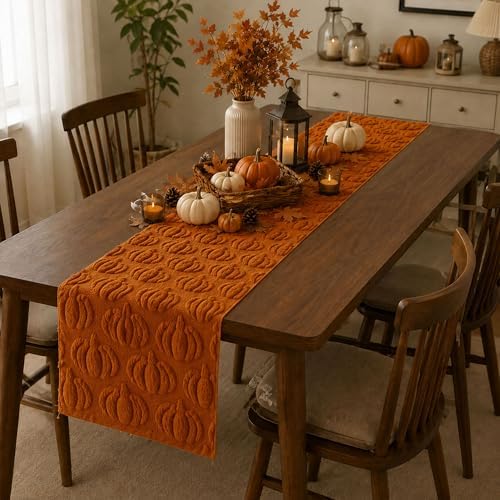 Fall Table Runner 13x72 Inch Soft Plush Faux Fur Jacquard Rust Pumpkin Table Runner, Seasonal Autumn Kitchen Dining Table Decoration for Home Party Decor ZR009B72 - Image 4
