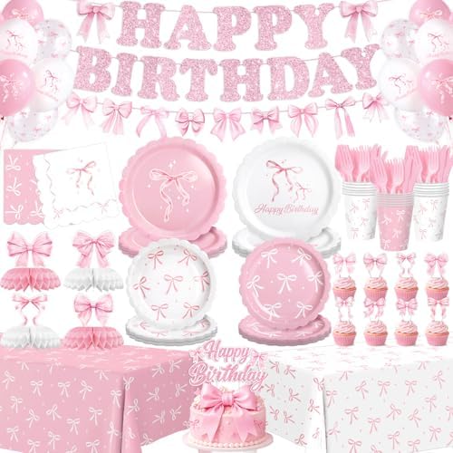 194 Pcs Pink Bow Birthday Decorations (Serves 24), Plates Napkins Cups Knifes Forks Hanging Swirls Cake & Cupcake Toppers, Banner Tablecloth Balloons Centerpieces for Girls Bachelorette Party Decor by Kinovo