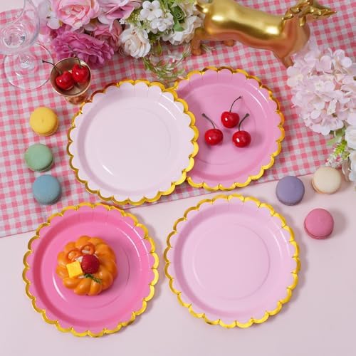 Pink & gold mix scalloped party plates with napkins and fork gold foil border, 24 Guest Pink disposable Tableware Set Party Decoration for Birthday Coquette Bridal Baby Shower Valentines - Image 2