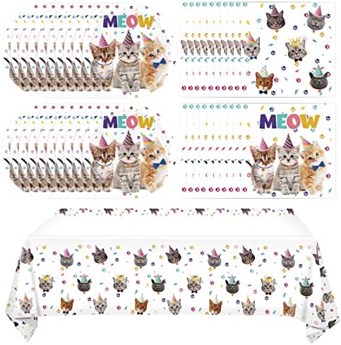 41Pcs Cat Theme Party Supplies - Kitten Birthday Party Decorations Include 20 Paper Plates, 20 Napkins and 1 Tablecloth by Juhap