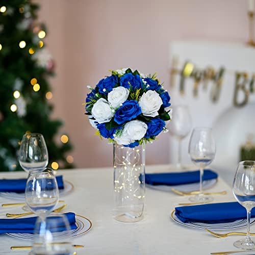BLOSMON Royal Blue White Flowers: 2 Pcs Fake Roses Flower Balls Centerpiece for Wedding Table - Artificial Silk Kissing Bouquet Floral Arrangement for Home Party Event Decor - Image 3