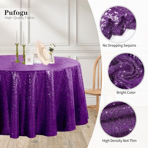 Pufogu 120" Round Purple Sequin Tablecloth Glitter White Table Cloths for Birthday Wedding Bridal Baby Shower Party Decorations - Image 3