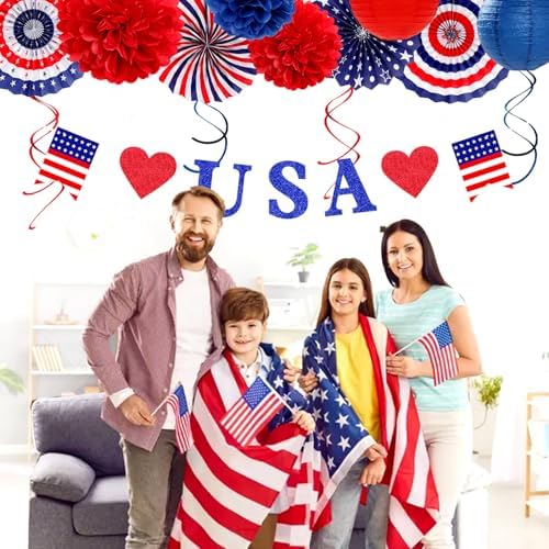 Red-White Blue Memorial-Day Patriotic Decorations - 21pcs 4th Fourth of July Americana Banner Garland,Independence Party Decor Paper Streamers Lanterns,Flower Tissue Pom Poms Fan Supplies Huglony - Image 2