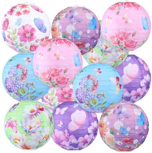 Panelee 12 Pcs Butterfly & Floral Theme Party Decorations Floral Hanging Paper Lanterns 8 Inches Round Flower Paper Lanterns for Summer Tea Party Ceiling Garden Wedding Bridal Decor Supplies by Panelee