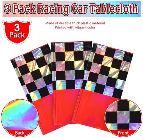 3Pack Iridescent Race Car Plastic Tablecloth, Disposable Shiny Laser Red and Black Checkered Table Cloth, Holographic Foil Rectangle Tablecloth for Race Car Boys Birthday Party Decorations, 54x108Inch - Image 4
