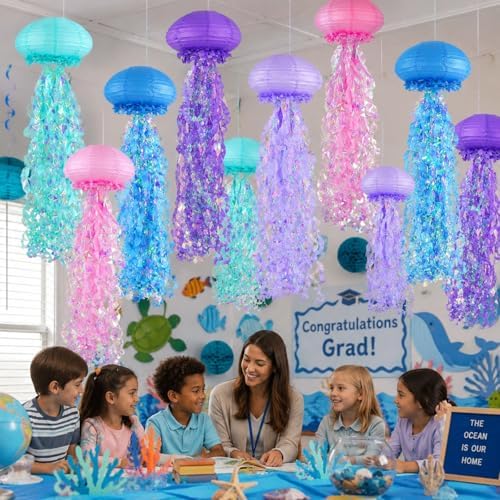 6-Pack Jellyfish Paper Lanterns, Under the Sea Party Decorations - Image 5