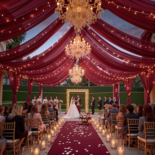 12 Panels Burgundy Ceiling Curtains with Lights for Weddings - 5ftx10ft Wrinkle-Free Tulle Fabric Wedding Arch Draping Ceiling Drapes Decorations for Wedding Party Ceremony Stage Tent Event - Image 5