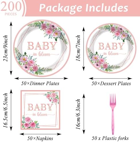 gisgfim 50 Guests Baby in Bloom Party Supplies Baby In Bloom Floral Plates and Napkins Plastic Forks Girl Floral Tableware Pink Flower Paper Plates for Birthday Party 200PCS - Image 2