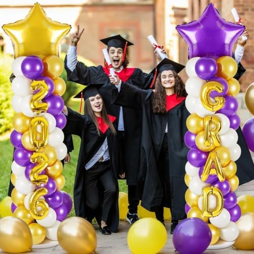 2 Sets Graduation Balloon Column Stand Kits with 132 PCS Purple Golden White Latex Balloons 2026 Letters 6.5 Ft Adjustable Metal Tube Telescopic Tower Pillar with Base for Graduation Party Decoration - Image 6