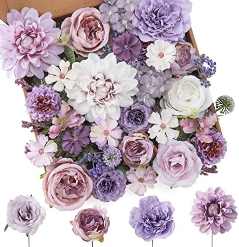 Floweroyal Artificial Flowers Combo Purple Flowers Mix Silk Flowers Dahlia Roses with Stems for DIY Wedding Bridal Bouquets, Baby Shower, Floral Arrangement, Table Centerpieces, Home Decorations. by FloweroyalCrafts