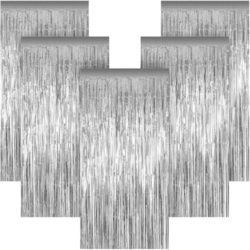 5 Pack 3.28ft x 6.56ft Silver Metallic Tinsel Foil Fringe Curtains, Photo Booth Backdrop Party Decorations for Birthday Wedding Engagement Baby Shower Graduation Bachelorette New Years by Unknown