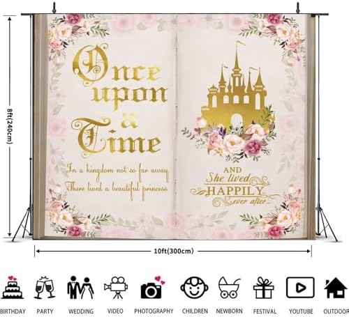 10x8ft Once Upon a Time Backdrop Fairy Tale Books Princess Girls Birthday Banner Decorations Pink Flower Gold Castle Background Fairytale Wedding Portrait Photo Booth Prop - Image 2