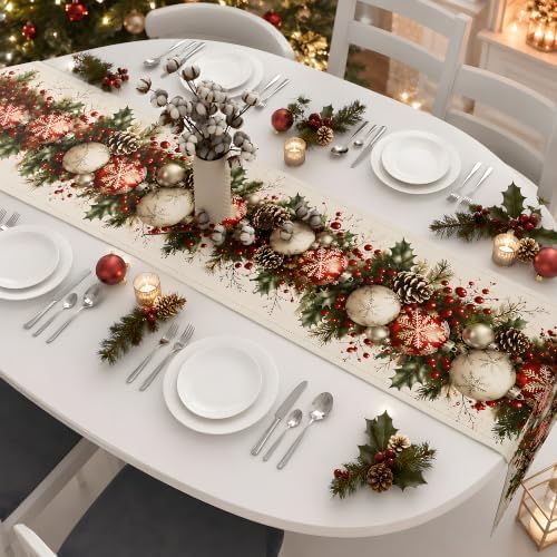 Christmas Decorations - Xmas Balls Snowflake Pine Cone Table Runner - Image 4