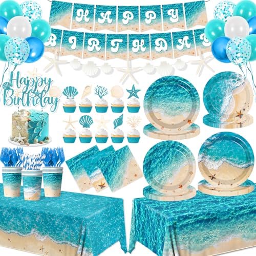 Beach Birthday Party Decorations, 183Pcs Ocean Waves Birthday Party Decorations Summer Pool Hawaiian Beach Party Supplies Plates,Napkins,Cups,Banner,Tablecloth,Balloons,Cupcake Topper,Serves 24 by CMUSKO