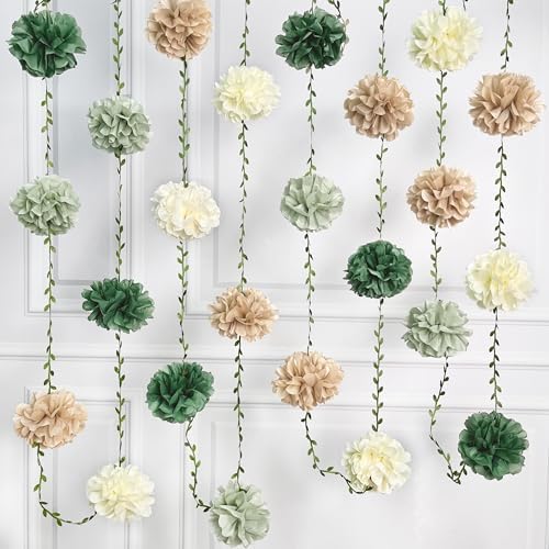 Sage Green Beige Party Decorations Tissue Paper Flowers Pom Pom with Leaf Ribbon Hanging Garland Streamer for Neutral Birthday Wedding Bachelorette Safari Jungle Woodland Party Supplies by pinkblume