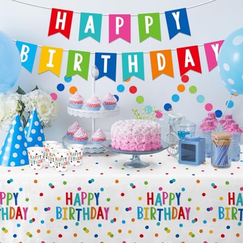 Happy Birthday Decorations: Happy Birthday Party Supplies Set with Birthday Dots Design- Includes Disposable Paper Birthday Plates and Napkins, Cups, Tablecloth, and Banner for decorations, Serves 25. - Image 5