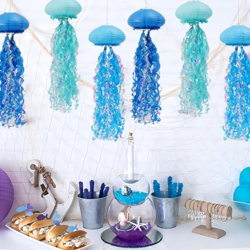Jellyfish Paper Lanterns Mermaid Birthday Decorations Pack of 6 - Image 4