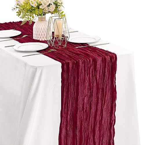 Burgundy 10FT Cheesecloth Table Runner Boho Gauze Fabric Table Runner Rustic Sheer Runner for Wedding Bridal Baby Shower Birthday Party Boho Table Decor（1 Pack Burgundy） by JALANCY