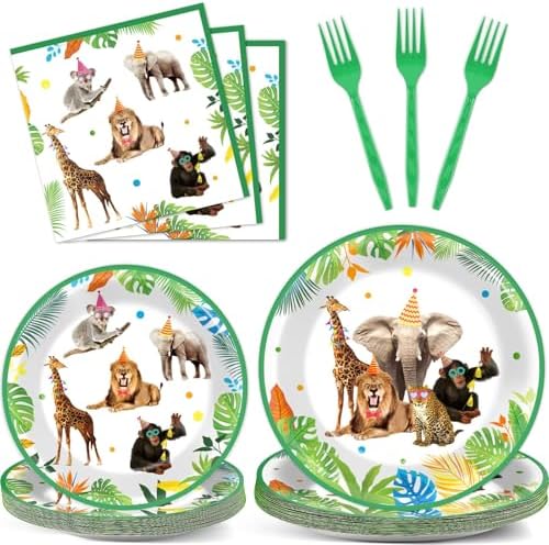 96Pcs Jungle Birthday Party Plates and Napkins Safari Animals Themed Party Decorations Jungle Theme Party Disposable Tableware Set for 24 Guests Wild Animals Gold Safari Zoo Birthday Favors Supplies by CHUNNIN