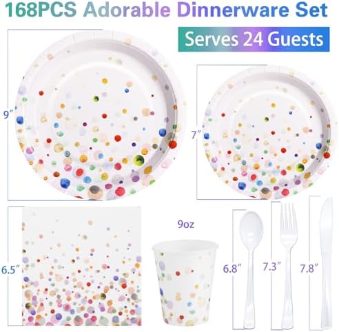 Colorful Birthday Plates and Napkins 168PCS Happy Birthday Party Plates Set for Holiday Party Supplies Bubble Decorations,Confetti Colorful Paper Plates Disposable Tableware Serve 24 - Image 2