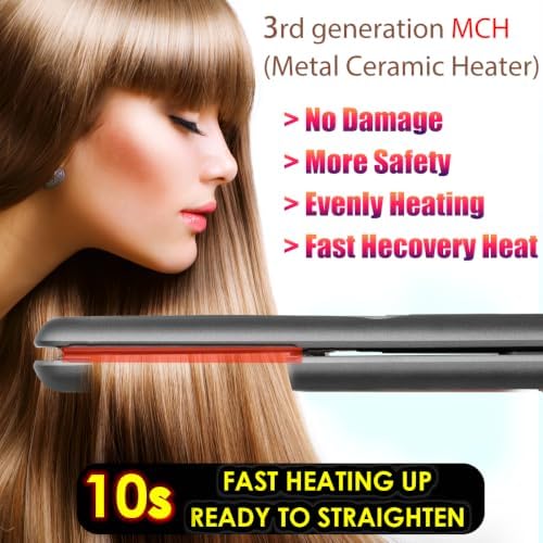 NITION Ceramic Tourmaline Hair Straighteners LCD Flat Iron MCH 10s Fast Heating Up. 1" Smooth 3D Floating Plate Healthy Straightening Tools. Heat-Proof Glove. Dual Voltage Travel. Black - Image 2