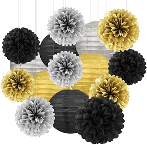 Black Silver Gold Party Decorations - 15Pcs Paper Flowers Tissue Pom Poms Paper Lanterns Graduation Hanging Decor Retirement Decoration 50th 80th 90th Men Birthday Anniversary HongTongTong by HongTongTong