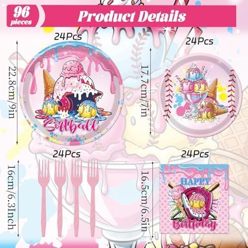 Softball Ice-Cream Party Decorations - 96 PCS Softball Party Paper Plates Napkins Forks Tableware Decoration, Sports Ice-Cream Drip Birthday Disposable Dinnerware Decor Supplies 24 Guests - Image 2