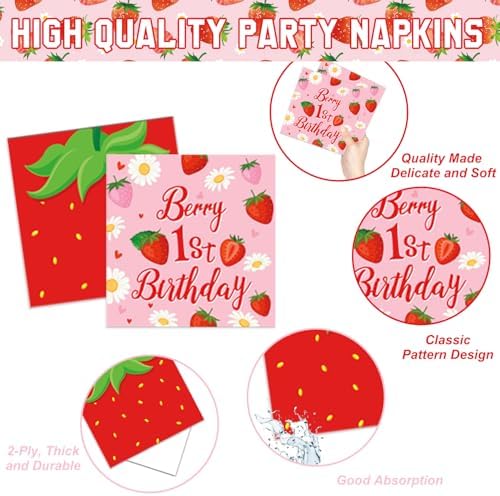 Berry First Birthday Decor Strawberry 1st Birthday Decorations for Plates, Napkins, Cups, Cutlery, Cupcake Toppers, Banner, Tablecloth, Balloons for Girls Strawberry Party Decorations, Serve 20 - Image 4