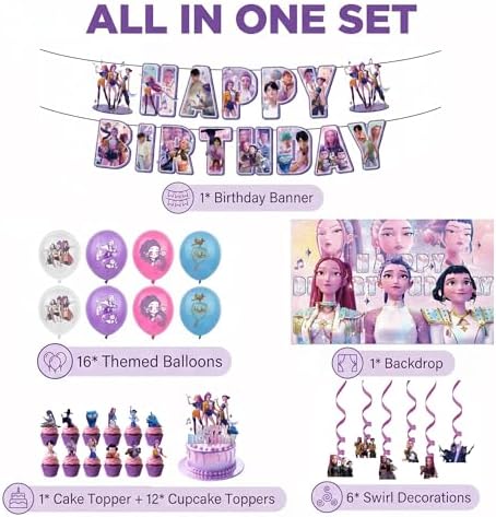 Demon Movie Hunters Birthday Decorations, Cute Party Supplies Set Include Banner, Balloons, Backdrop, Hanging Swirls, Cake Topper, Cake Cupcake Toppers for Boys Girls Cartoon Theme Party - Image 3