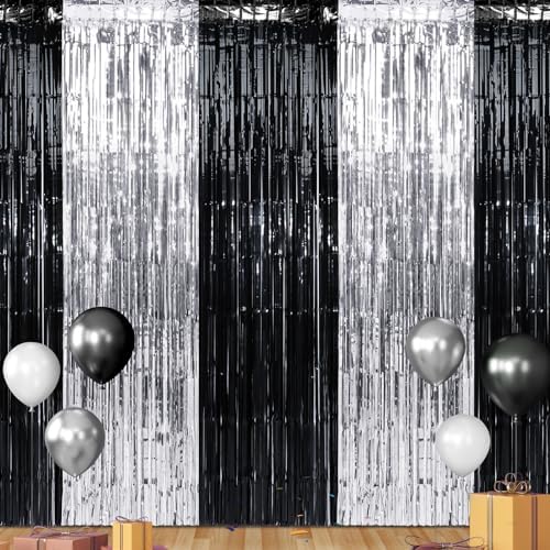 6 Pack 3.3Ft x 6.6Ft Graduation Foil Fringe Curtain Backdrop Decorations, Black Silver Metallic Tinsel Foil Streamers Curtain Photo Background for Graduation Prom Wedding Birthday Party Decorations by Zachely