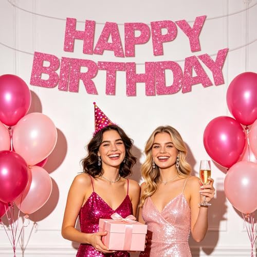 BEISHIDA Pre-Strung Glitter Hot Pink Happy Birthday Banner Party Sign Decor - Image 6