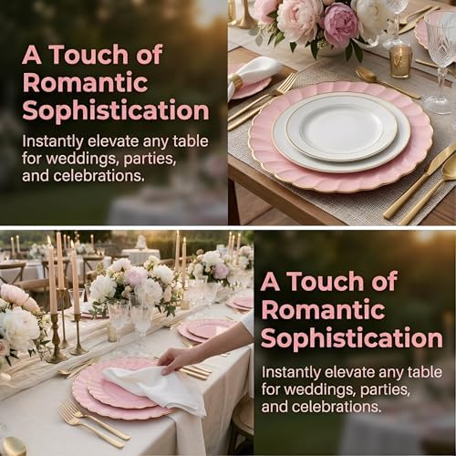 13 Inch Pink Scalloped Charger Plates with Gold Rim (Set of 6), Round Wave Plastic Serving Plates for Weddings, Bridal Showers, Birthday Parties, Catering & Table Decorations - Image 5