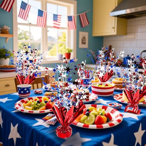 FUBININA 6 Pack 4th of July Table Centerpiece Decoration Metallic Foil Spray Star Burst Patriotic Decor 250th Anniversary Independence Day Labor Veteran Memorial Day Party Supplies, Red White and Blue - Image 6