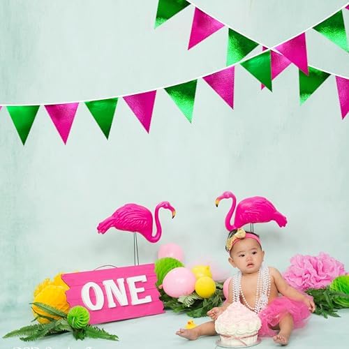 Pink and Green Party Decorations Metallic Hot Pink Light Green Fabric Triangle Pennant Banner Flag Bunting Garland for Witches Theme Birthday Wedding Baby Shower Engagement Bachelorette Party Supplies - Image 6