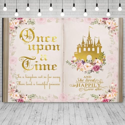 12x8ft Once Upon a Time Backdrop Pink Flower Gold Castle Photography Background Fairy Tale Books Floral Princess Girls Birthday Banner Decorations Fairytale Wedding Portrait Photo Booth Prop - Image 3