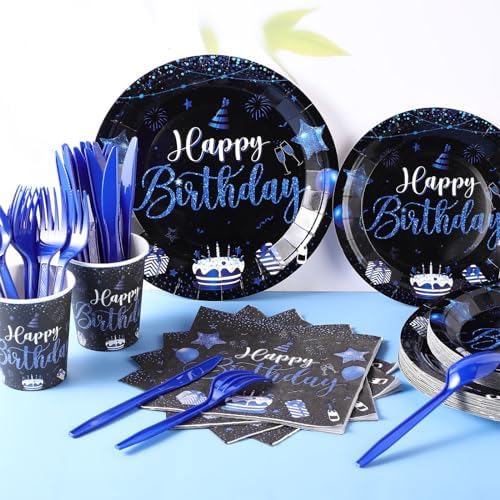 Vesici 171 Pcs Happy Birthday Party Supplies 24 Set Table, Black, Blue - Image 2