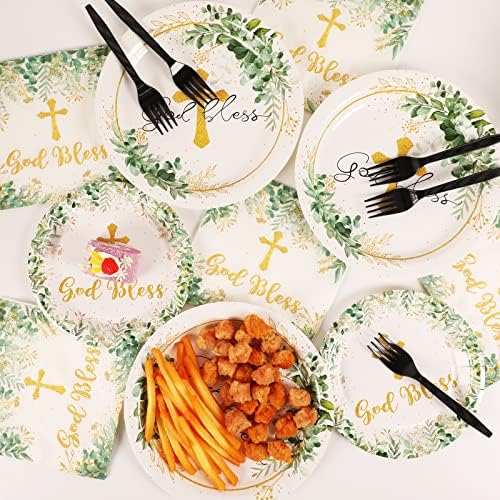 96 Pieces God Bless Party Plates Baptism Theme Party Decorations First Holy Communion Paper Plates and Napkins Mi Bautizo Eucalyptus Leaves Sage Disposable Dessert Tableware Set Supplies 24 Guests - Image 5