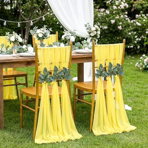 Yellow Chair Sashes Wedding Aisle Decorations: 50 Packs 8ft Long Draping Fabric Sheer Church Chair Cover Bulk for Party Banquet - Image 3