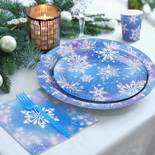durony 144 Pieces Frozen Paper Plates and Napkins Dinnerware Set Winter Snowflake Party Tableware Supplies Includes Paper Plates Napkins Forks Serve 24 for Christmas Party Supplies - Image 5