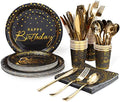 175PCS Happy Birthday Disposable Dinnerware Set Party Supplies, Paper Black Gold Plates and Napkins with Gold Plastic Forks Knives Spoons Serve 25 Guests for Birthday Party Decoration by Tyzarglef