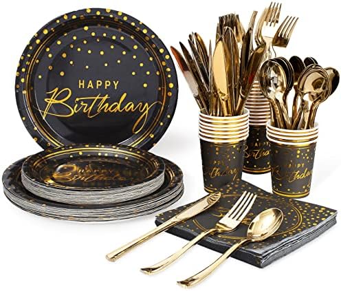 175PCS Happy Birthday Disposable Dinnerware Set Party Supplies, Paper Black Gold Plates and Napkins with Gold Plastic Forks Knives Spoons Serve 25 Guests for Birthday Party Decoration by Tyzarglef