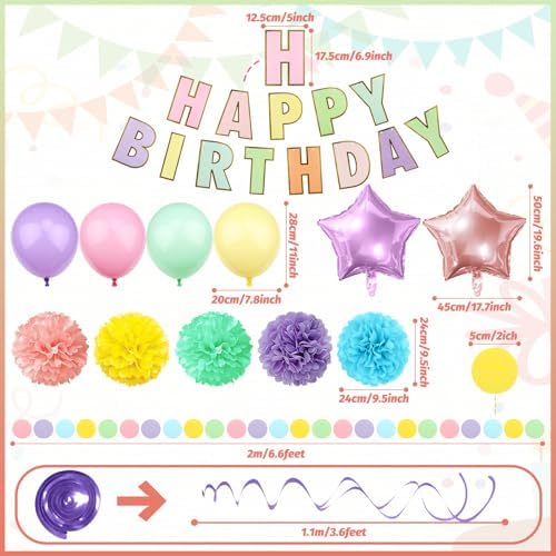 Pastel Birthday Decorations, Multicolored Happy Birthday Banner with Paper Pompoms Party Balloons for Boys Girls Women Party Decorations Supplies - Image 3